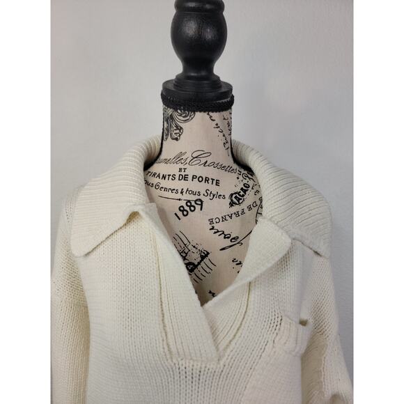 ZARA Thick Knit Polo Sweater Womens Large Semi Crop Pocket Cream Cottagecore - Picture 3 of 10